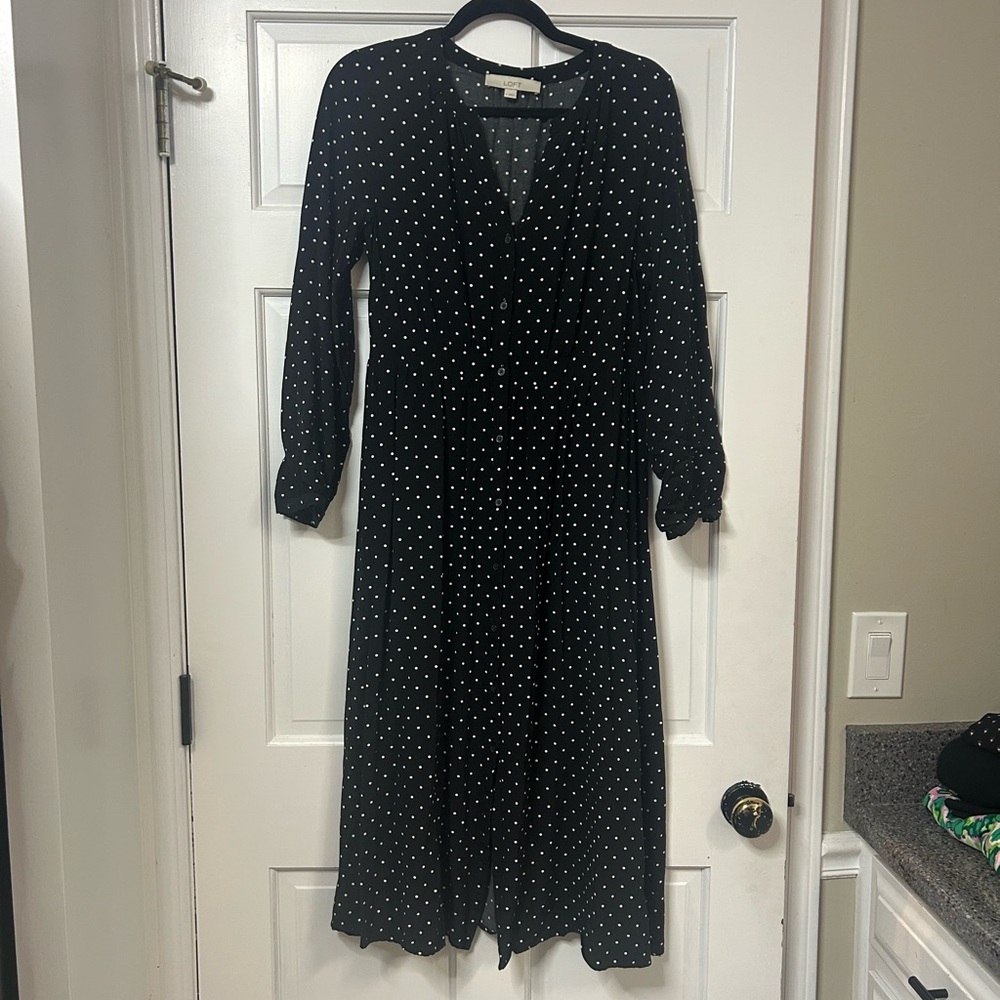 LOFT Black Midi Dress with White Polka Dots